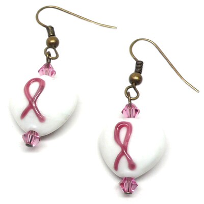 SET Pink Ribbon Awareness White Lamp Work Glass Heart Chain Necklace and Earrings - image5